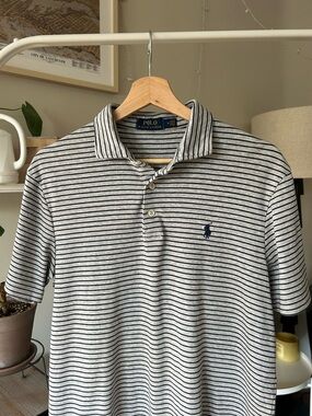 Polo by Ralph Lauren Men's Grey & Blue Striped Polo Shirt